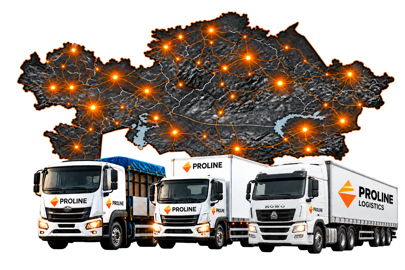 Карта Казахстана с маршрутами и грузовые автомобили ProLine Logistics